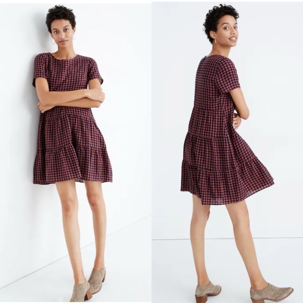 Madewell Short Sleeve Gingham Tiered Mini Dress in Burgundy and Black